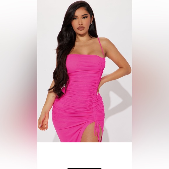 Elle Mesh Midi Dress - Neon Pink - Picture 2 of 6